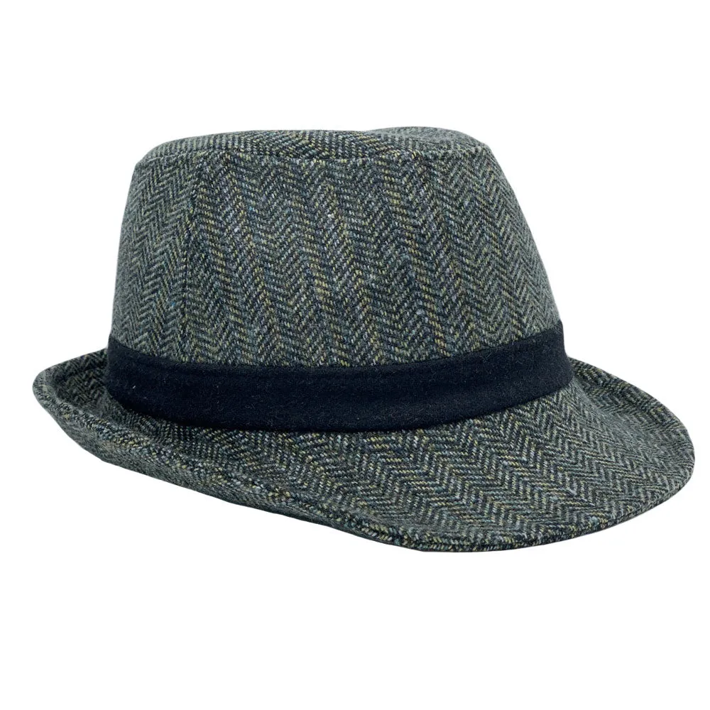 Wool Herringbone Check Fedora Hat - Classy Trilby Manhattan Structured Short Brim LD61567