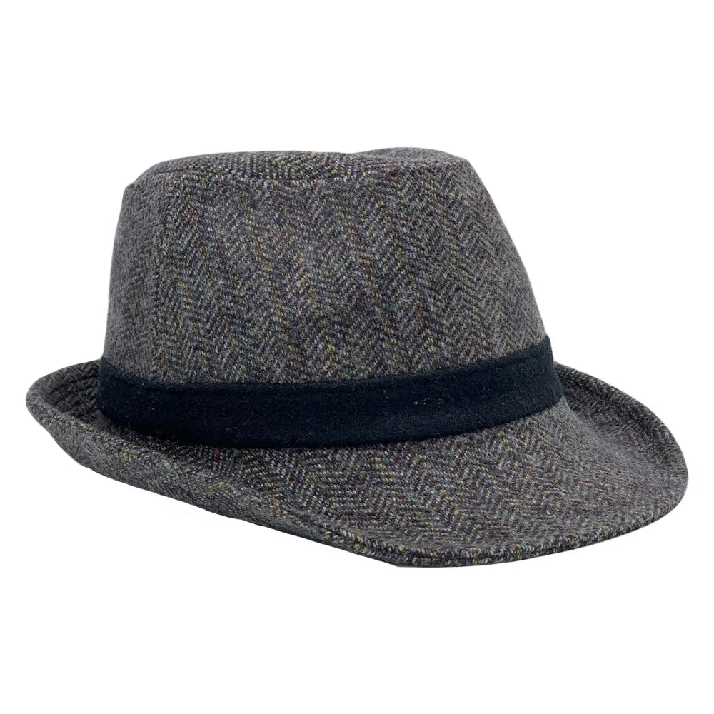 Wool Herringbone Check Fedora Hat - Classy Trilby Manhattan Structured Short Brim LD61567