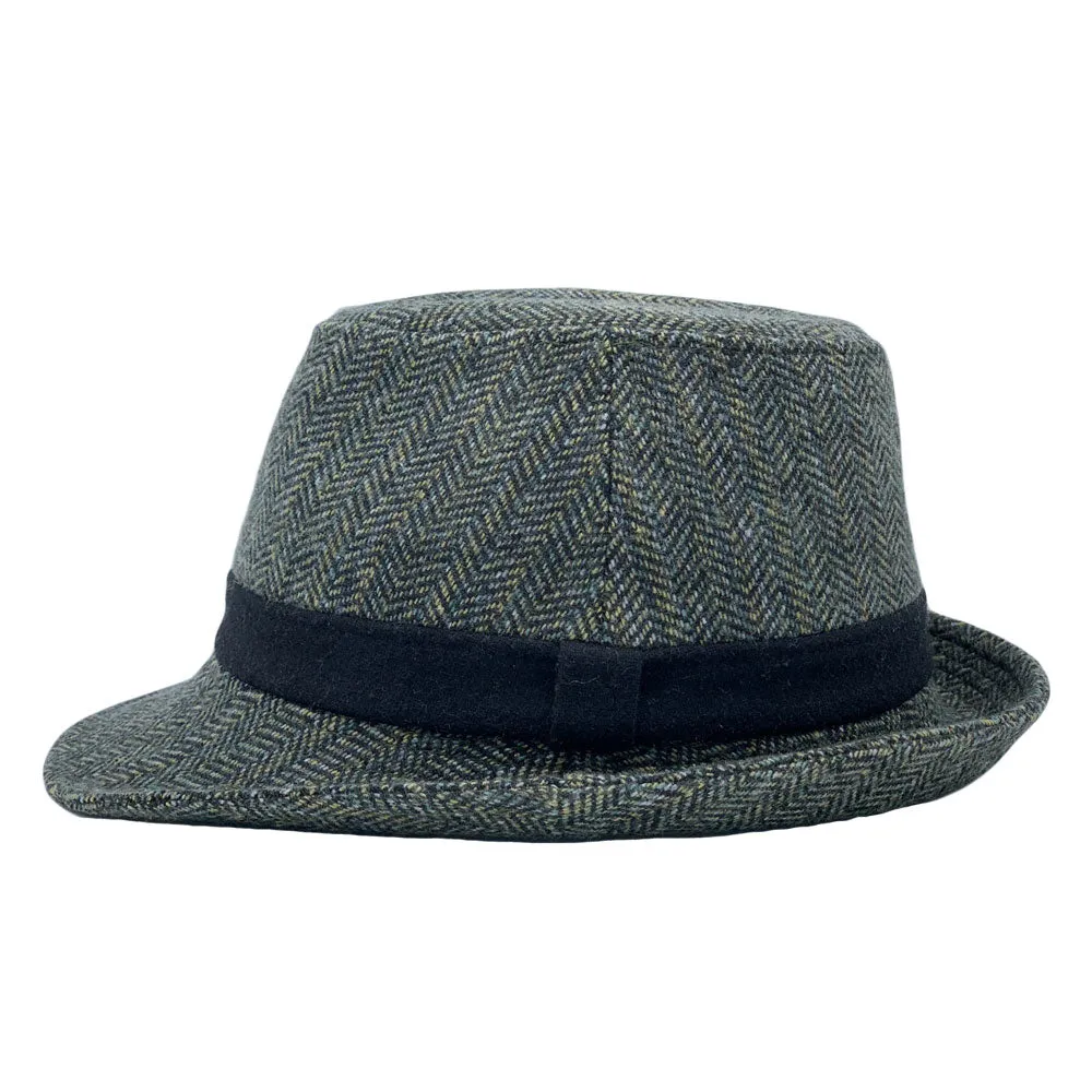 Wool Herringbone Check Fedora Hat - Classy Trilby Manhattan Structured Short Brim LD61567