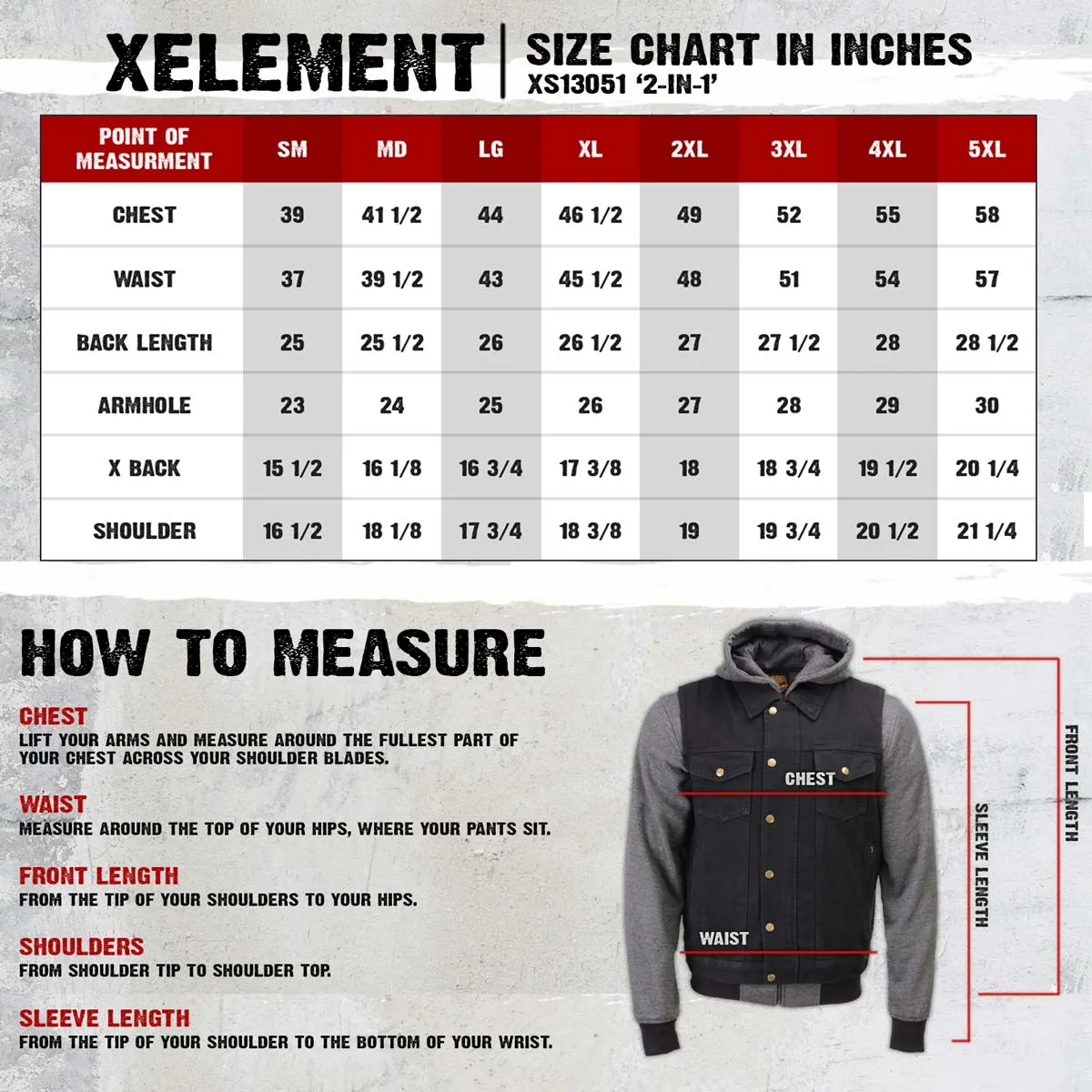 Xelement XS13051 Men's Black Denim Club Style '2-in-1' Motorcycle Vest w/ Removable Hoodie