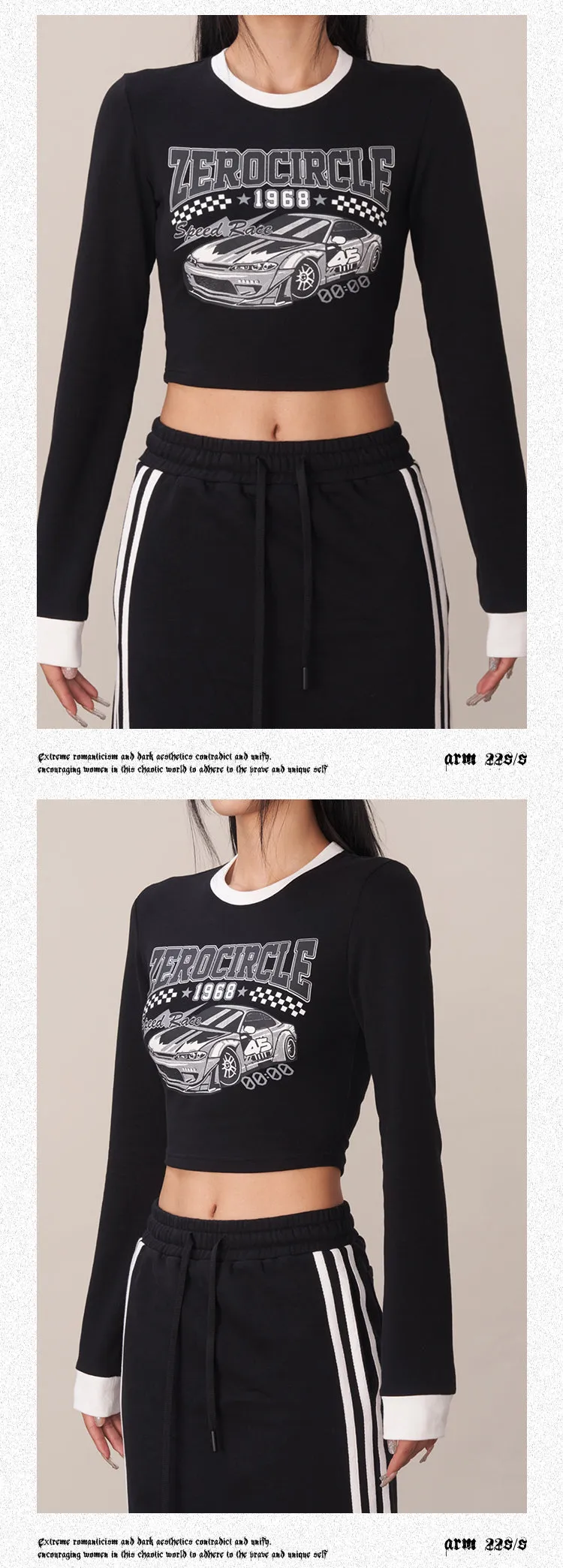 Zerocircle Graphic Letter Print Black Long Sleeve Cropped Top