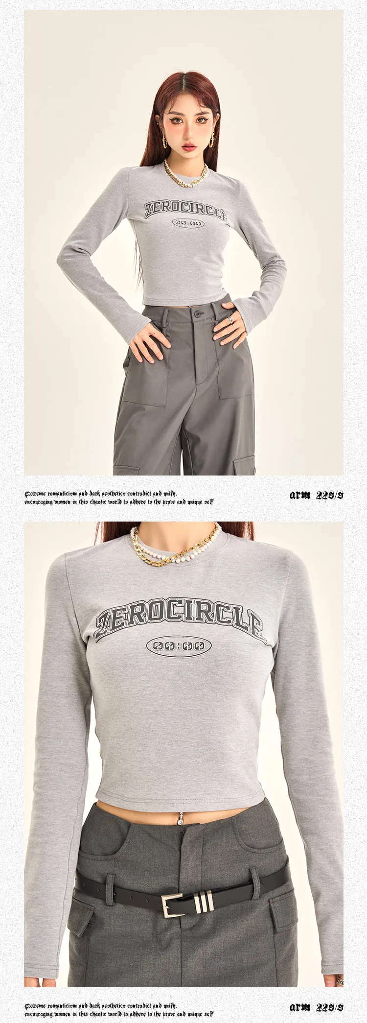 ZEROCIRCLE Graphic Letter Print Long Sleeve Cropped Top